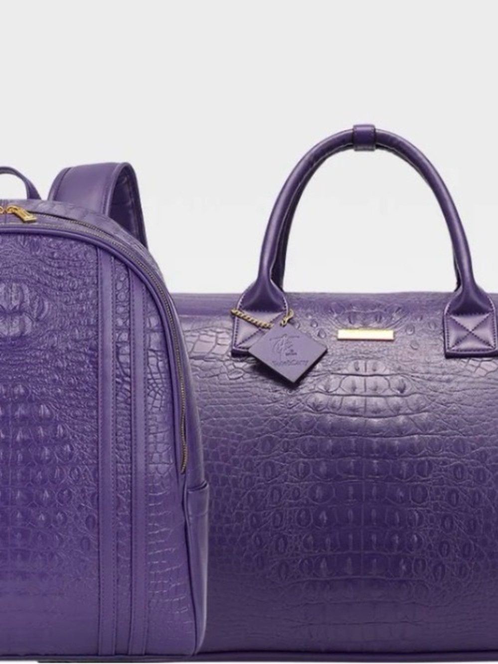 Tote&Carry Purple Croc Embossed Backpack Duffle Bag Set Weekender Travel NWT